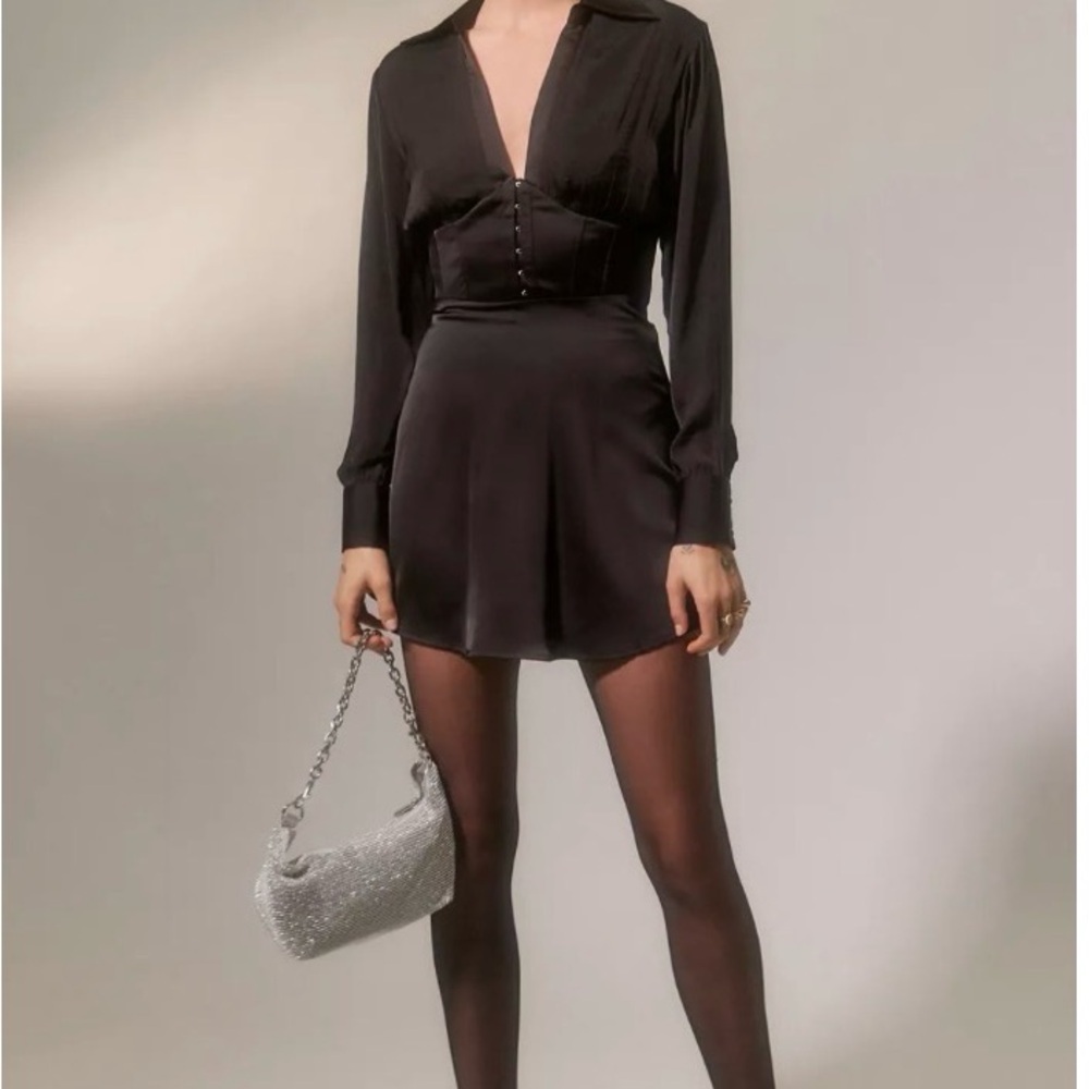 Urban Outfitters Corset Mini Dress Black Satin Y2K Long Sleeve Button Front M